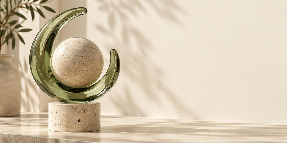 An olive glass crescent gently holding a stone sphere