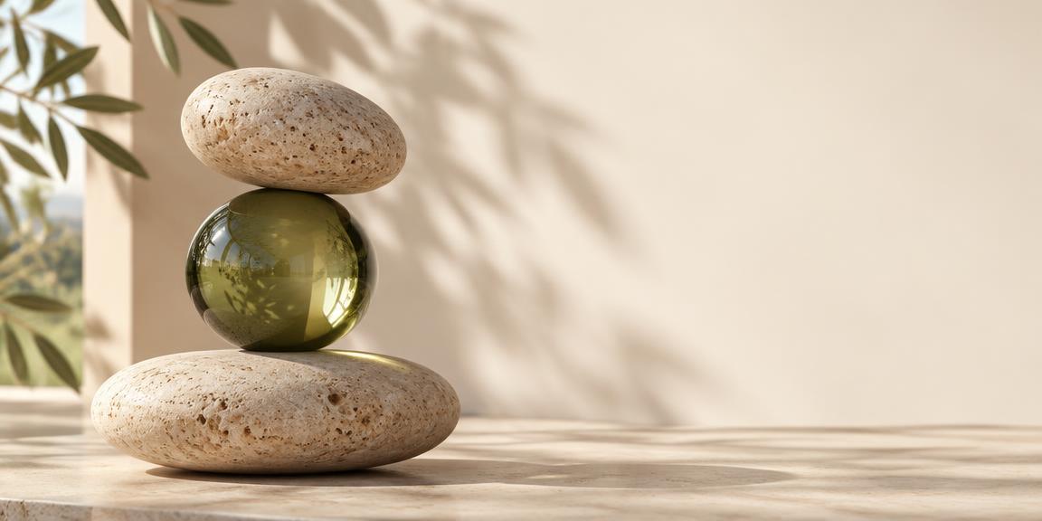 Natural stones balanced around an olive glass sphere